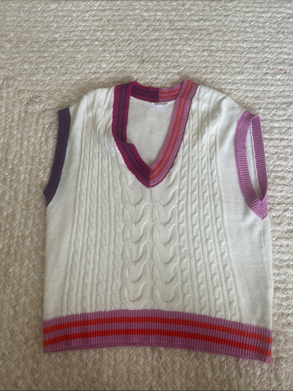 Cream Cable Knit V-Neck Sweater Vest with Pink Trim